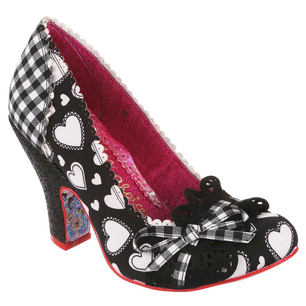 IRREGULAR CHOICE MAKE MY DAY BLACK WHITE HEARTS WOMENS HEELS COURT SHOES